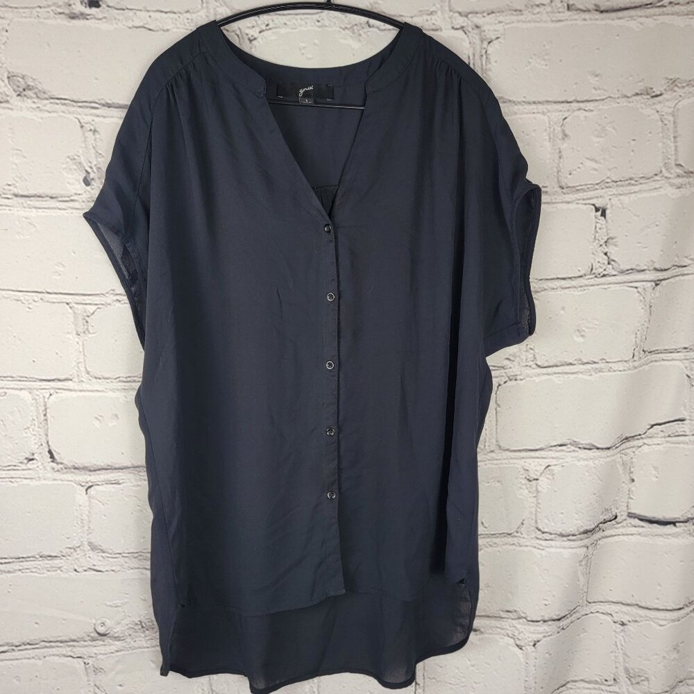 GNW Womens L Black Cap Sleeve Button Down Blouse Sheer Dressy Office Business